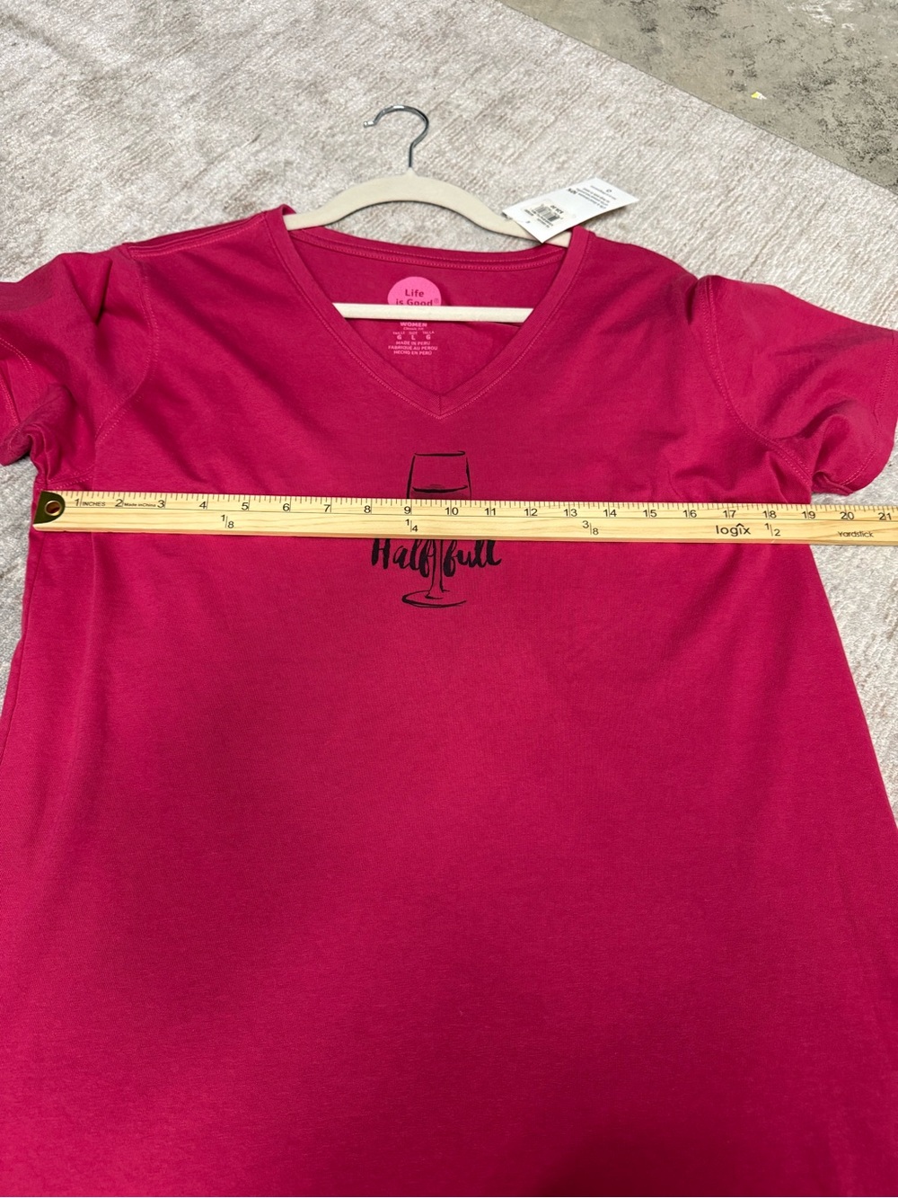 Life Is Good Magenta V-Neck Tee with Half Full Wine Glass Graphic NWT - Picture 7 of 8